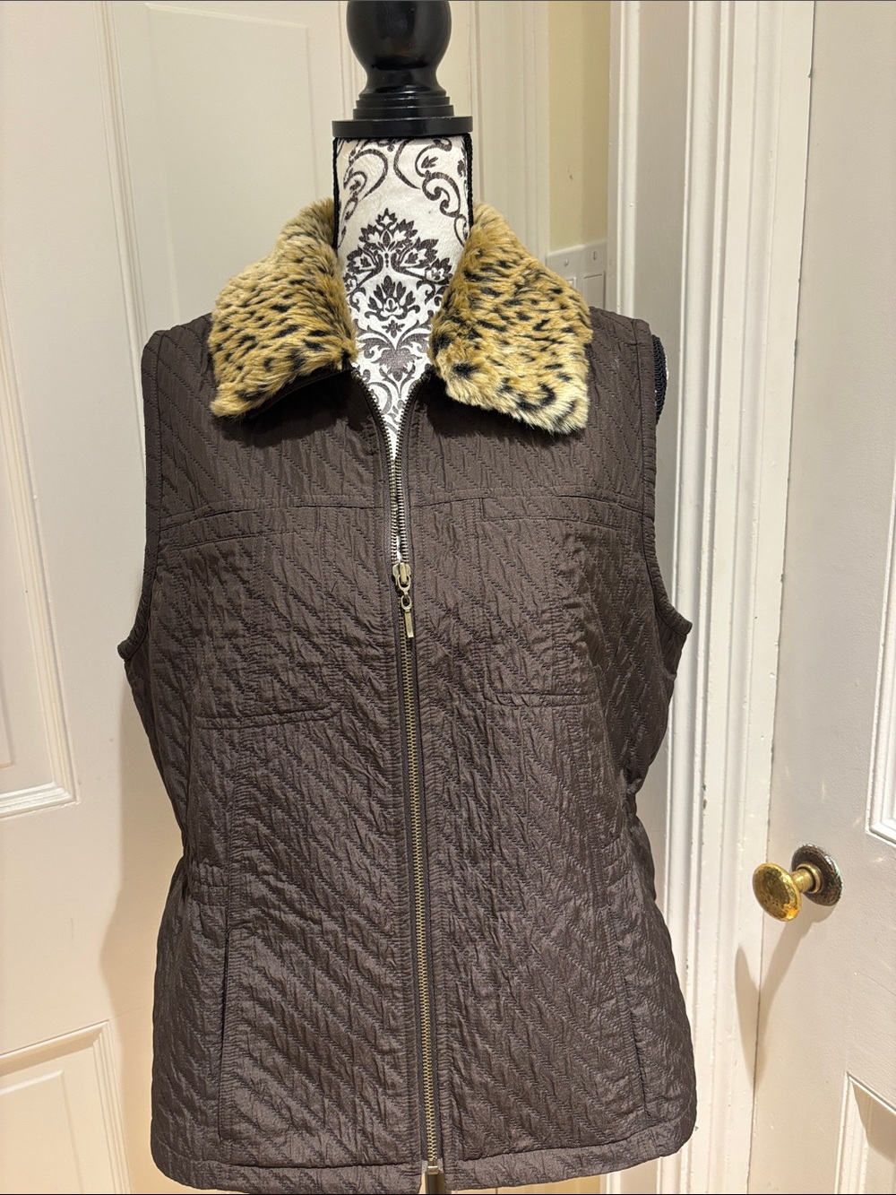 Chico's Quilted Brown Vest with Faux Leopard Fur Collar